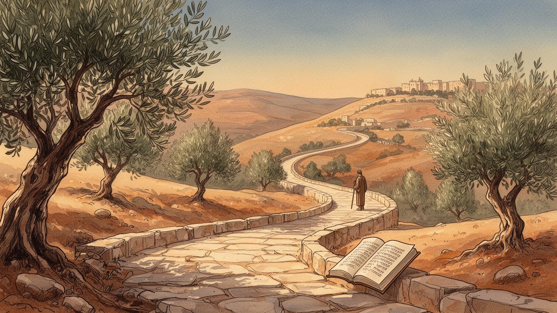 A winding path through the Judean hills with olive trees and an open book